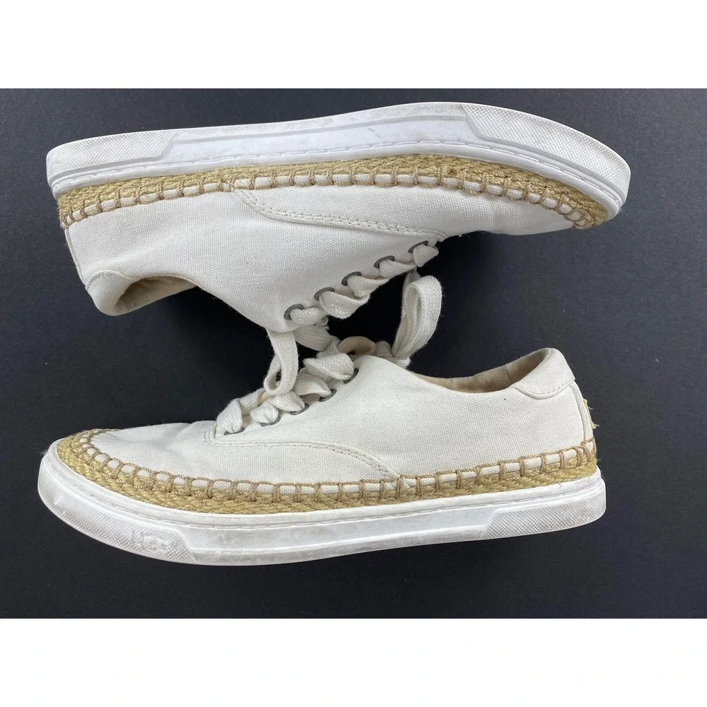 UGG Sneakers Girls Size 6 White Canvas‎ Lace Up Decorated Edge Fur Inside Heel